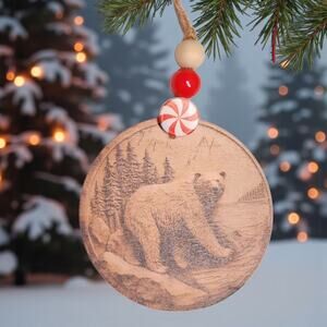 Handmade Rustic Bear Wood Ornament | Printed Mountain Scene | Woodland Christmas